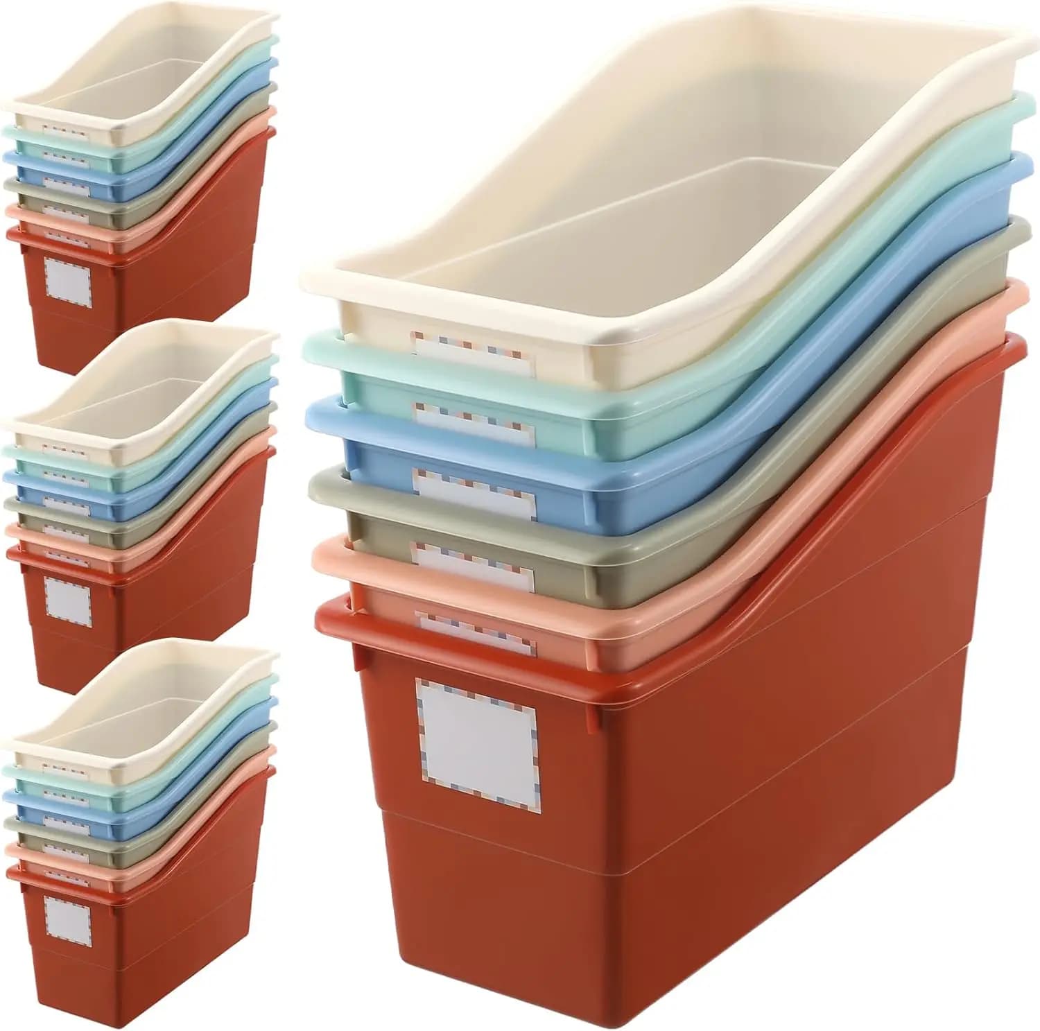 24 contenitori in plastica per libri con etichette, porta riviste ad incastro per ufficio, aula, casa, colori Boho
