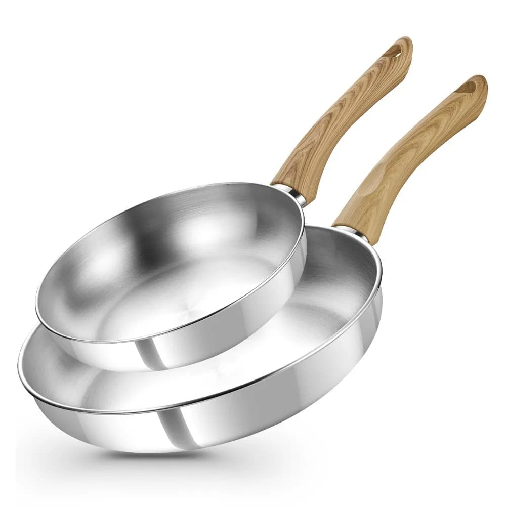 KOCH SYSTEME CS Stainless Steel Frying Pan Set Without Lid Wood Grain Handle 8 10 Inch with Screwdriver Induction Gas Safe