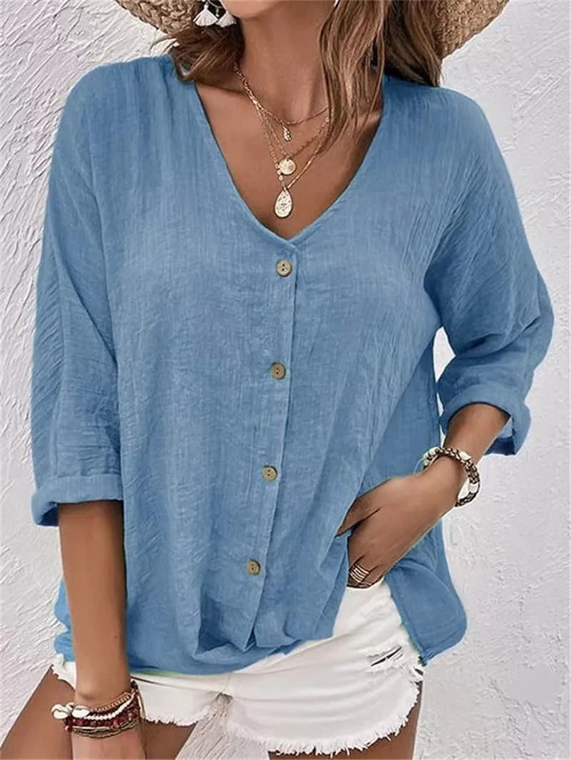 Stylish Bottones Solid blouse Spring New women Long sleeve shirts Casual blouse Trained Holiday with V Neckline Women's Top Streetwear
