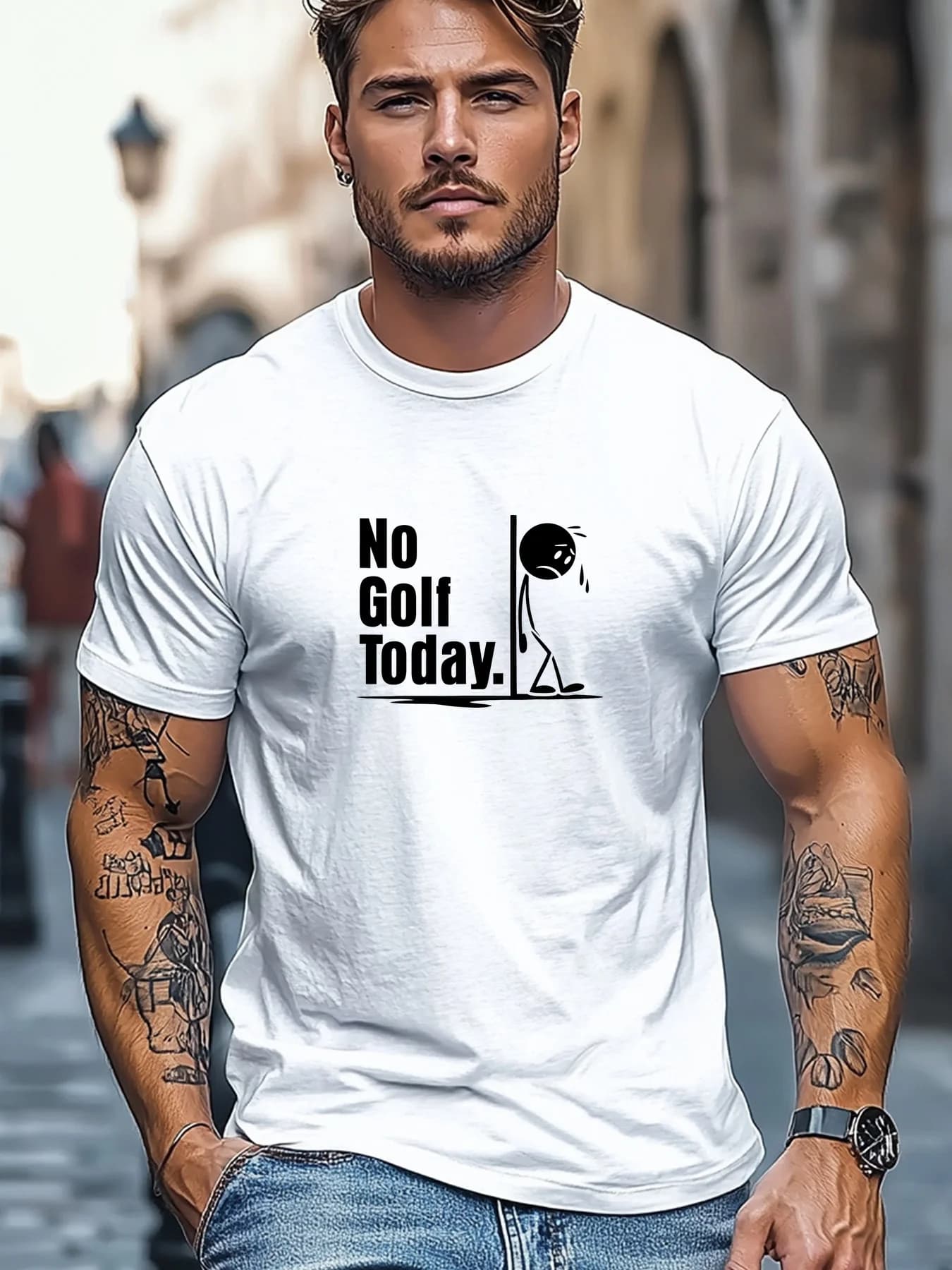 Men's Funny Golf "No Golf Today" T-Shirt - Retro Golf Ball & Putter Design Short Sleeve Tee, Breathable Lightweight Fabric Suita