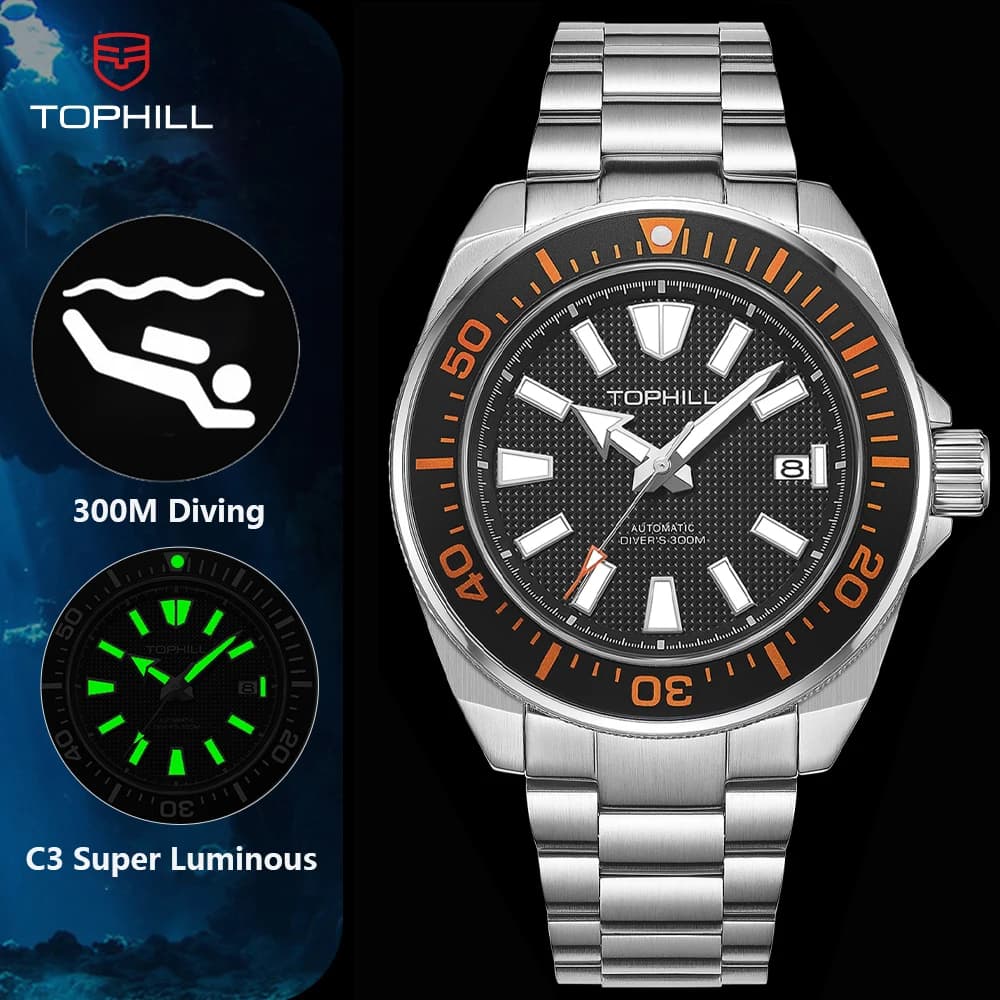 TOPHILL 43,5 mm orologio subacqueo professionale movimento automatico NH35 zaffiro 300M impermeabile orologi da polso da uomo subacquei super luminosi