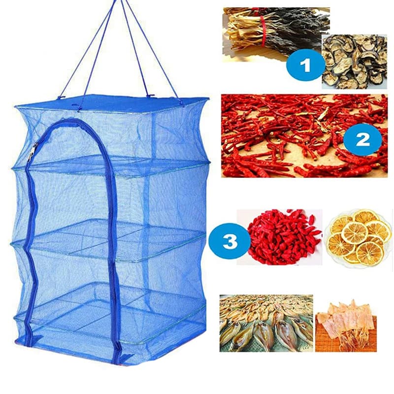 Pieghevole 4 Strati Rete di Essiccazione Rete per Pesce Stendino Appeso Verdure Piatti per Pesce Rete Essiccatore 35 X 35 X 65 cm PE Gancio Rete per Pesce