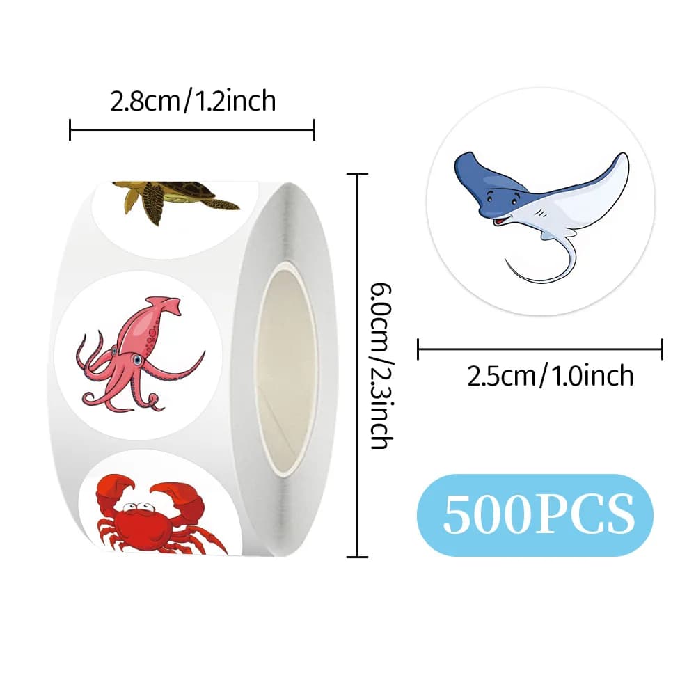 500pcs/Roll Marine Organisms Sealing Stickers Shark Cartoon Roll Decal DIY Luggage Phone Guitar Scrapbook Waterproof Sticker