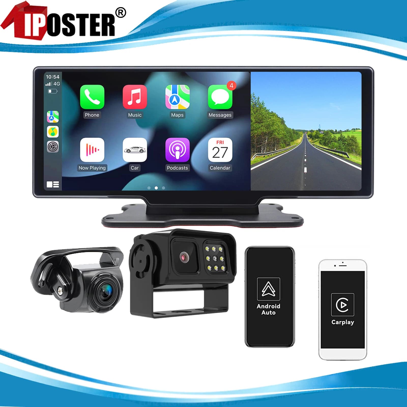 IPoster 10.26 inch Wireless Carplay Android Auto DVR GPS Navigation Dash CAM Front cameras 1080P for Caravan Truck RV