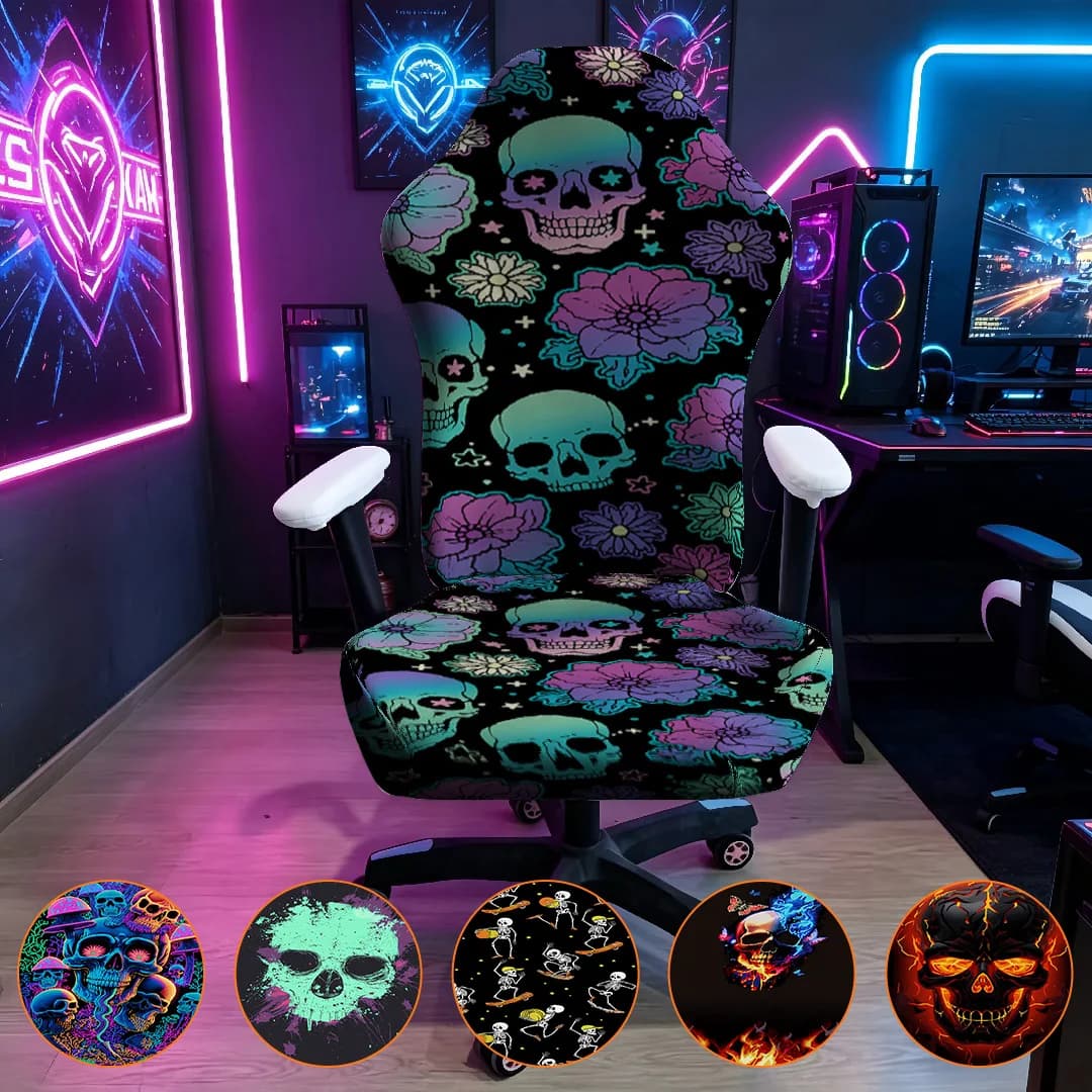 Gothic Neon Skull Floral Print High Stretch Gaming Chair Cover Washable Anti-slip Universal Fit For Office Home