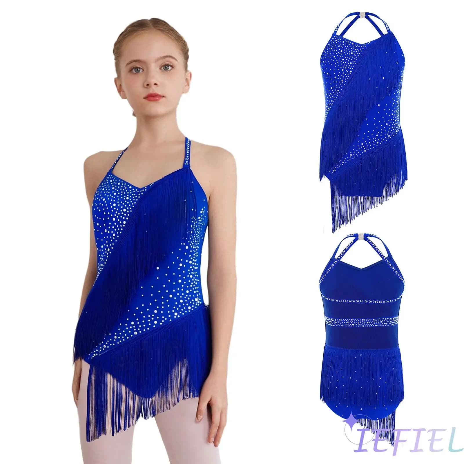 Body da ballo latino dinamico per bambine con nappe fluide Body con strass di cristallo per spettacoli di pattinaggio di figura