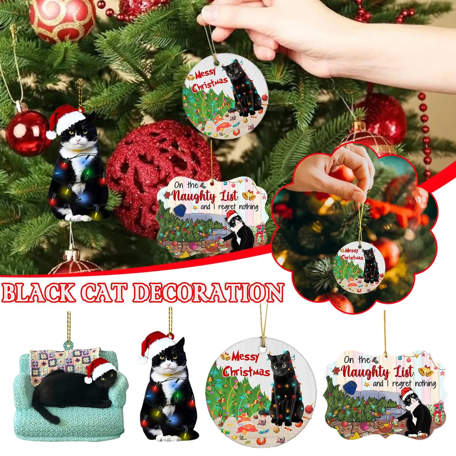 Ornamenti di gatto nero per albero di Natale, ornamento di animali di Natale, albero di decorazioni natalizie da appendere, ciondolo a scatola cieca