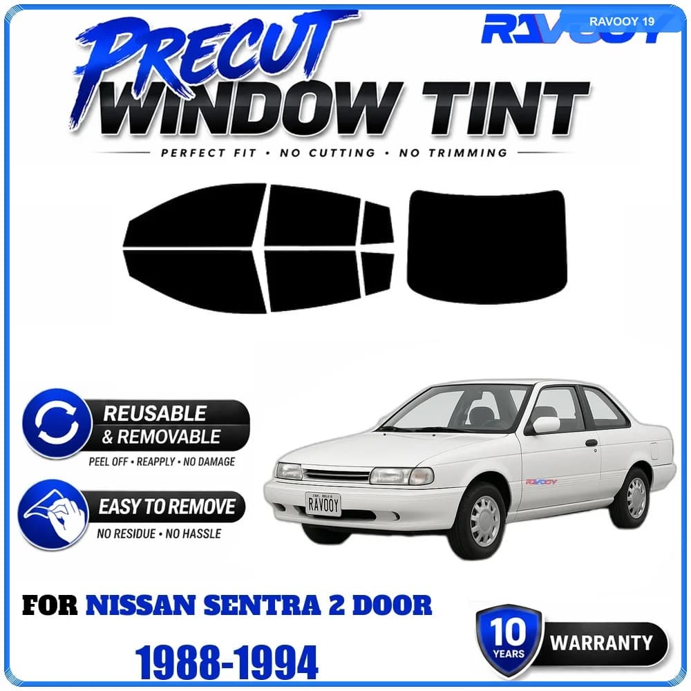 RAVOOY Precut Window Tint, Reusable Removable EPU Film, Custom Fit for Nissan Sentra 2 Door 1988-1994, UV Heat Protection