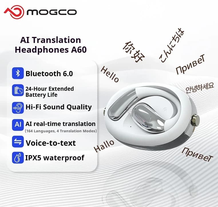 Auricolari Traduttori AI A60 per Affari, Traduzione in Tempo Reale in 164 Lingue, Cuffie Wireless Bluetooth 6.0, Chiamate HD per Riunioni e Viaggi