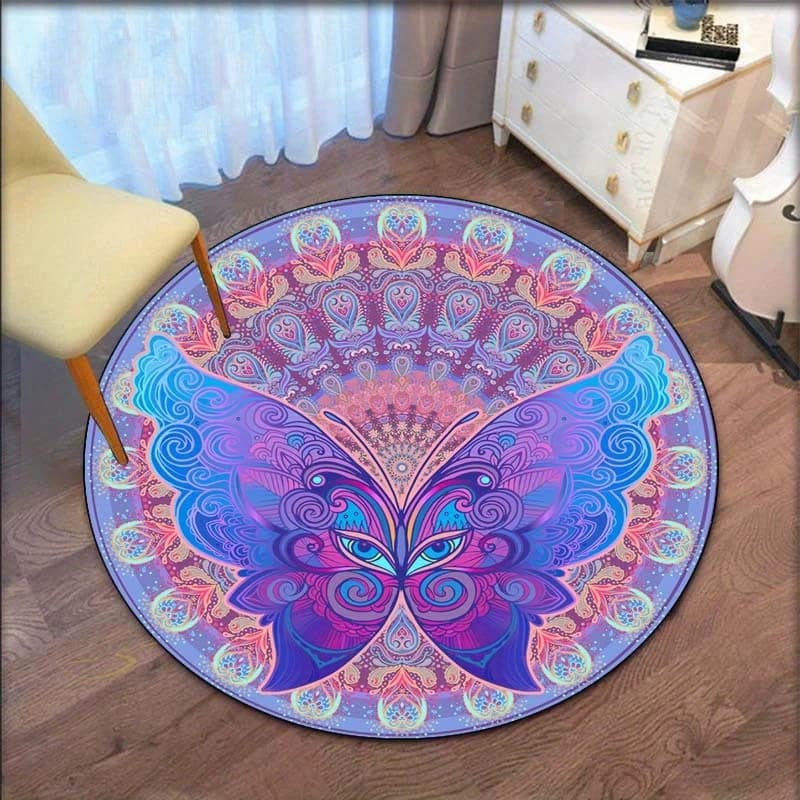 Tappeto rotondo con mandala a farfalla, motivo psichedelico colorato, tappetino da yoga in stile Boho, rivestimento per pavimento interno per soggiorno, camera da letto