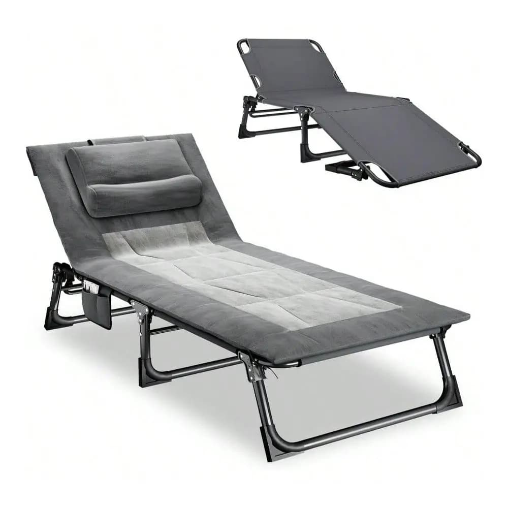 Camping Cot Adults, Adjustable 4 Position Reclining Chair With Mattress And Pillow, Lounge Chair Camp Cots Bed Sleeping, Travel
