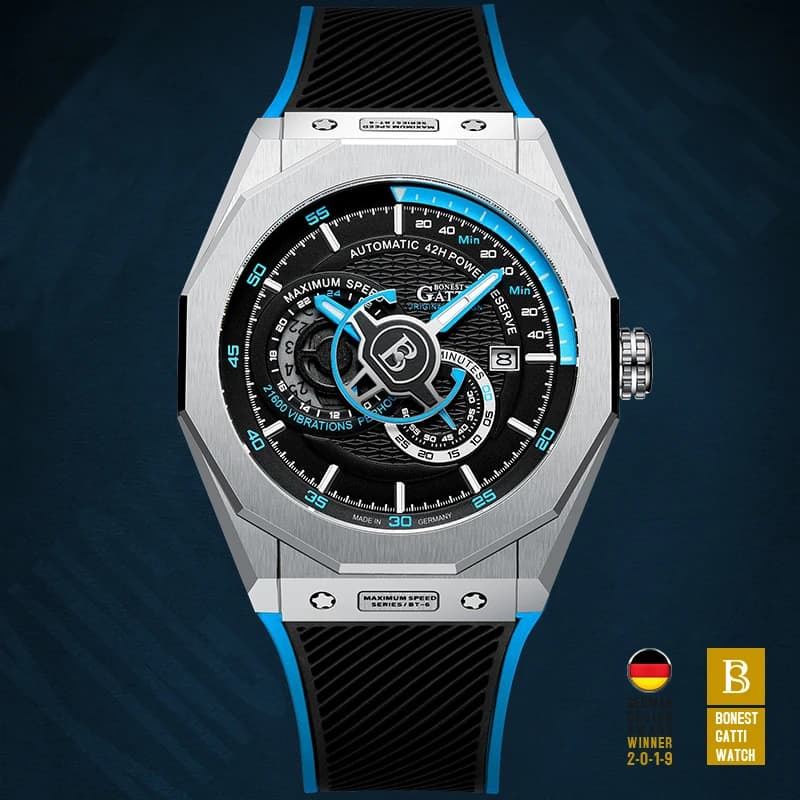 BONEST GATTI Orologi automatici Orologio da polso meccanico alla moda Cassa dell'orologio in acciaio inossidabile Orologi con cinturino in gomma per uomo