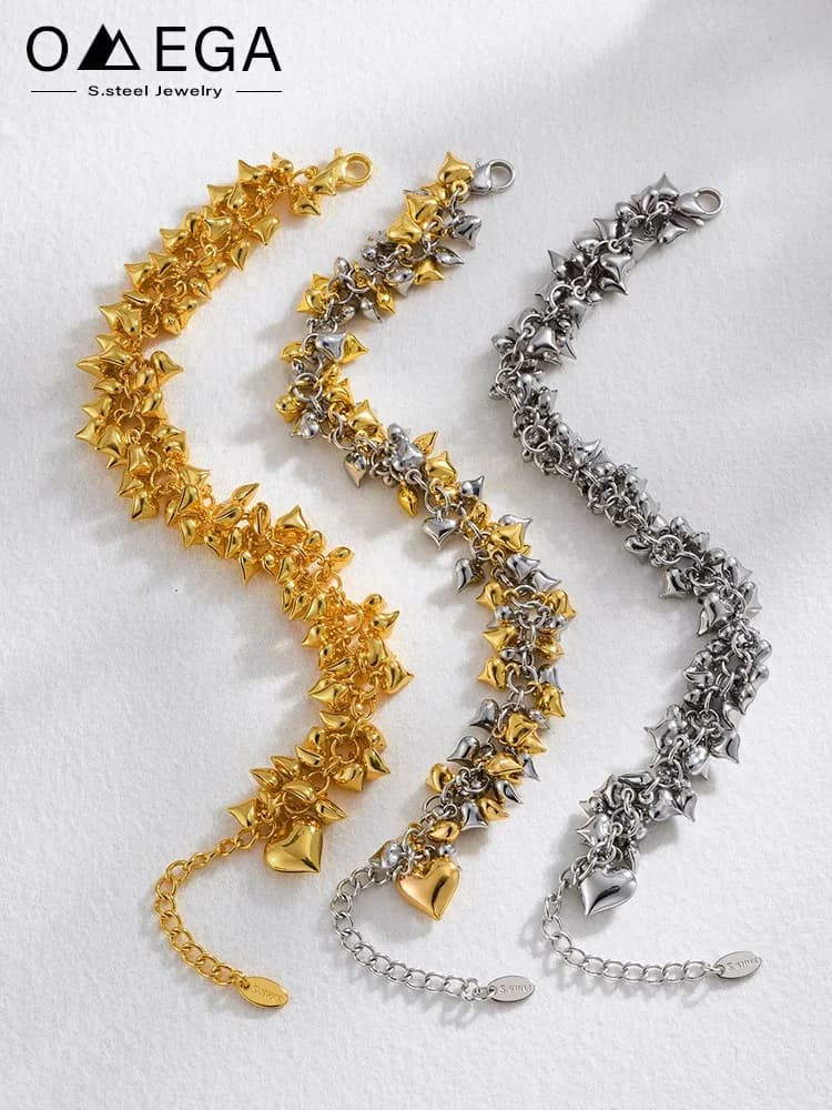Stainless Steel Bracelet With Many Two-tone Heart Charms For Women 18k Gold Plated Waterproof Non Tarnish Women's Bracelets