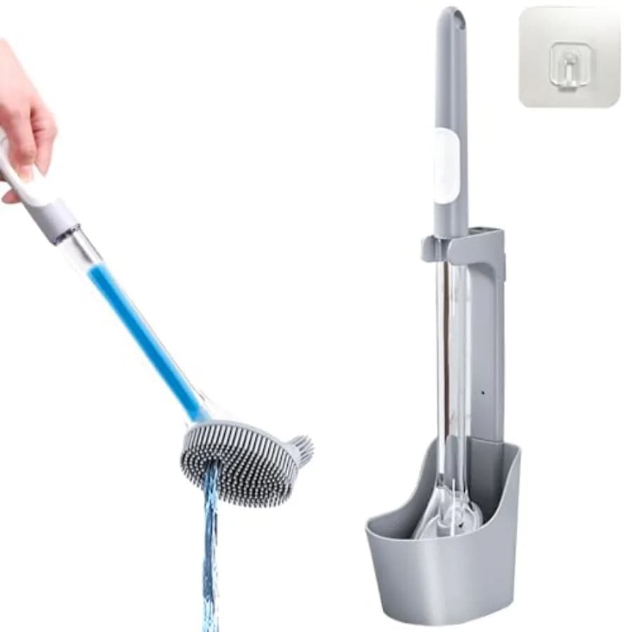 Set di spazzola e supporto per WC in silicone, spazzola per la pulizia del WC, spazzola per WC ricaricabile con dispenser di sapone