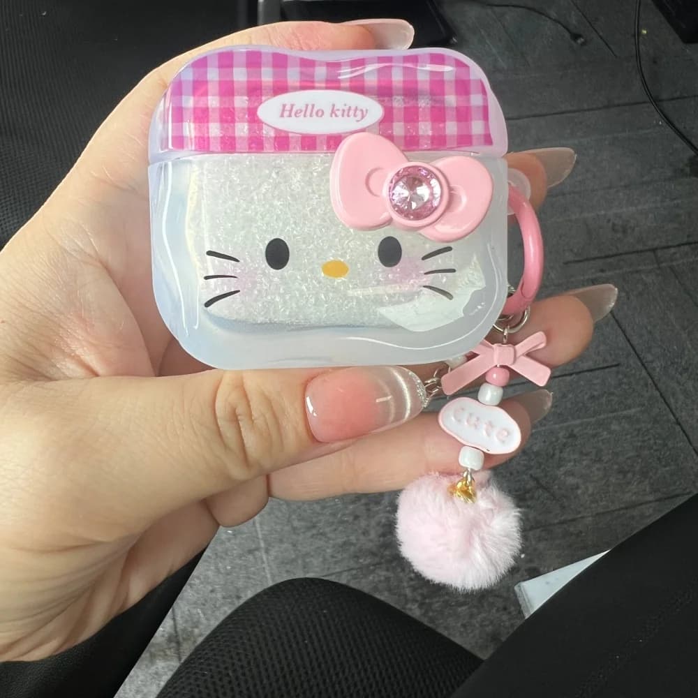 Cartoon Pink Kitty Cat Bow Earphones Case for Apple AirPods Pro 3 Pro2 4 3 2 1 Protective Sleeve with Keychain