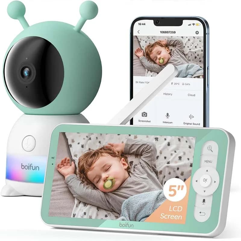BOIFUN 2K Telecamera per baby monitor da 5", 360 ° Rotazione con app telefonica, luci notturne colorate, monitoraggio del movimento, tracciamento automatico