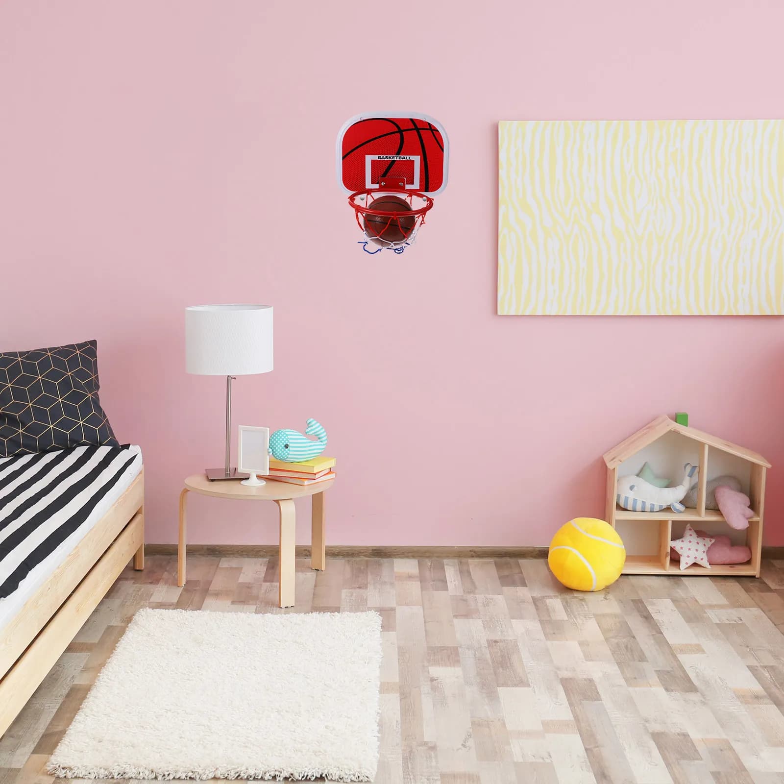 Set Canestro da Basket Sospeso in Ferro per Bambini, Senza Foratura, Facile Installazione, Attrezzatura Sportiva per Interni, Canestro da Basket Rosso