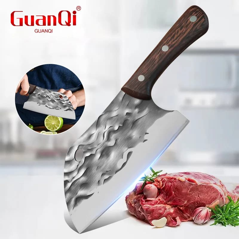 Kitchen Knife Forged in Hand, Butcher's Knife, Chef's Knife for Meat, Stainless Steel with Wood Handle, Slicing Knife, Kitchen Tools
