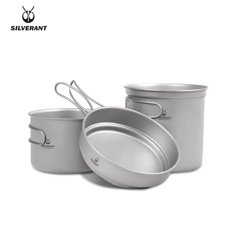 Combination of titanium pots and pans Set of 3 pieces Large camping pots for outdoors with folding handle for travel Bushcraft