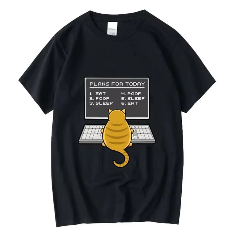 Funny Cat Plans For Today Graphic T‑Shirt Men Women Humor Lazy Cat Laptop Print Casual Short Sleeve Crew Neck Tee