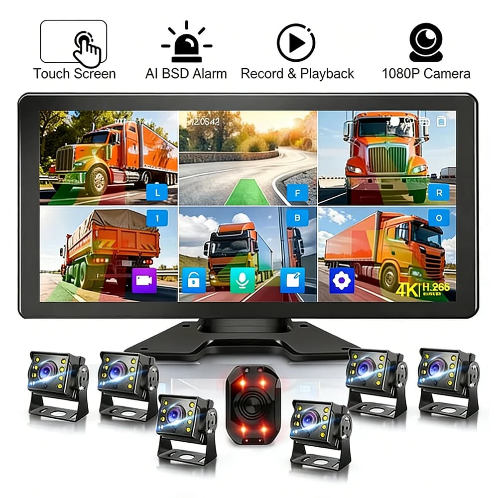 Sistema di Telecamere AI BSD ADAS per Veicoli Pesanti, Schermo Touch da 10,36" a 6 Canali, Registratore DVR, Rilevamento Punti Ciechi con Allarme per Camion e Autobus