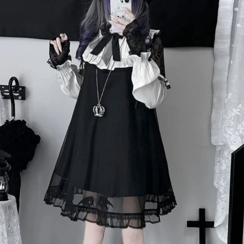 Summer Japanese Gothic Lolita Bow Dress Women Vintage Sweet Mesh Patchwork Lace Princess Dress Y2k Aesthetic Party Mini Dress
