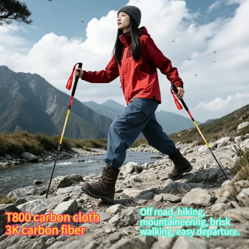 Bastone da Trekking Pieghevole Ultraleggero in Fibra di Carbonio per Arrampicata, Trail Running, Sopravvivenza, Difesa e Combattimento, Estensibile