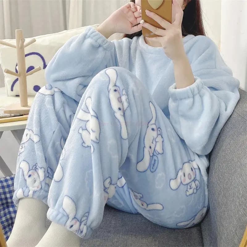 Sanrio Anime Cinnamoroll Kawaii Pigiama Ragazza Girocollo Pigiama Set Good Looks Flanella Corallo Pile Addensare Maniche Lunghe Regalo