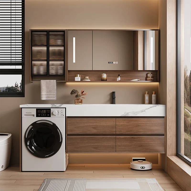 New Chinese walnut washing machine cabinet, bathroom, washbasin cabinet, combined rock slab seamless basin, smart mirror