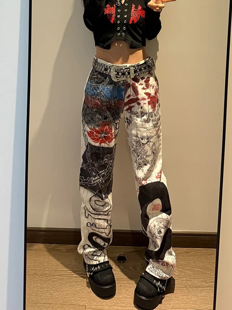 Printed denim jeans American High Street women's fiti, new summer pants straight style Spicy Girl Aby, long up to the floor