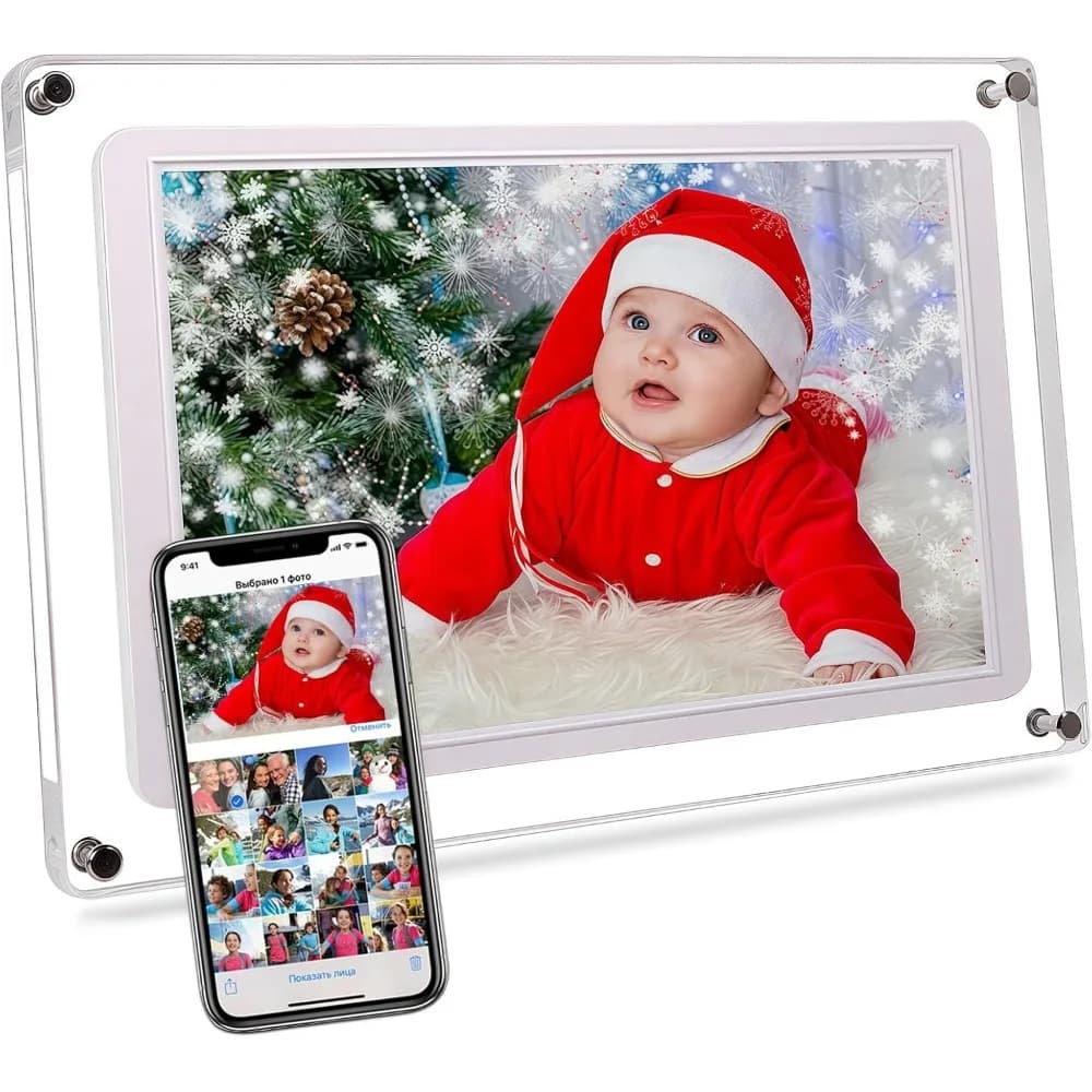 Cornice digitale WiFi da 10,1 pollici in acrilico con 32GB, schermo IPS touch, rotazione automatica e condivisione tramite app