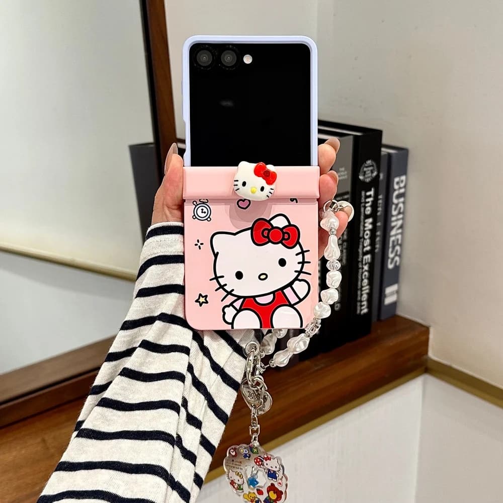 Custodia per telefono 3D rotante con cartone animato Hello Kitty, stile coreano, per Samsung Galaxy Z Flip6 7 Flip 7 7FE Flip5 4 3 Flip6, con catena