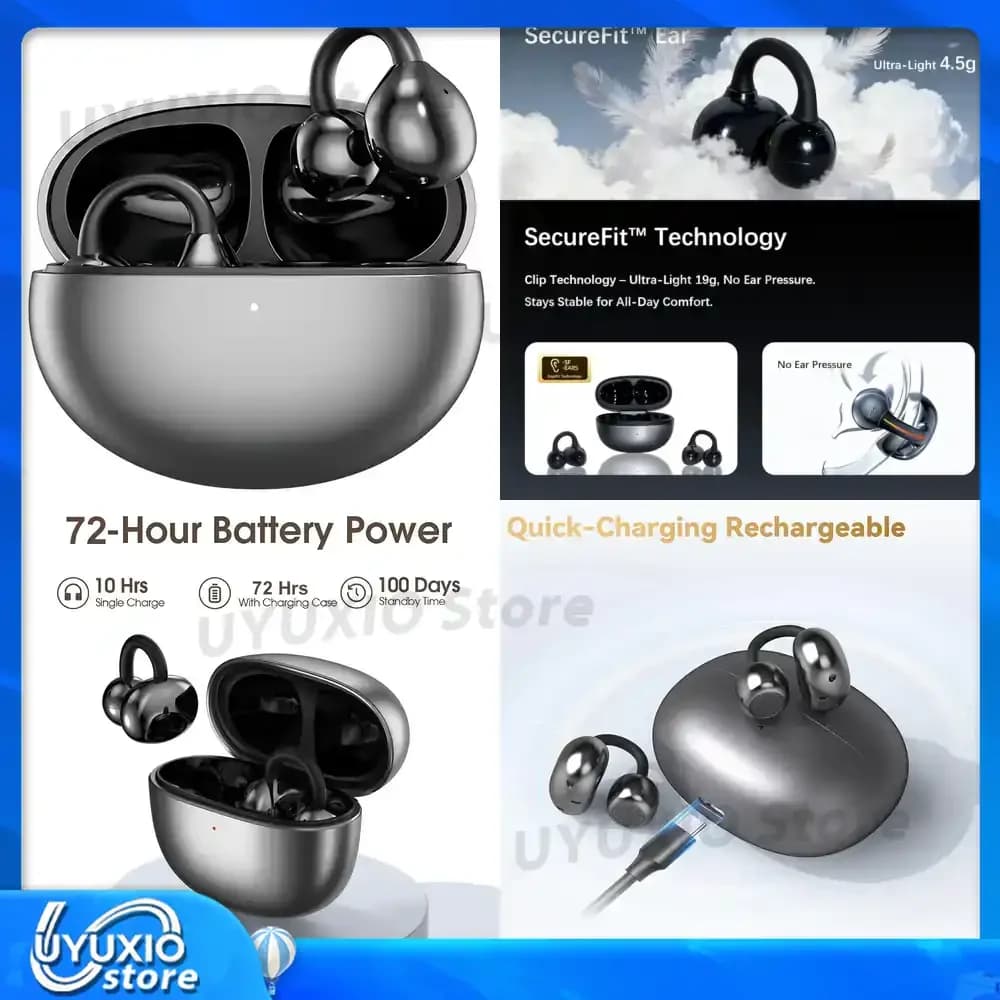 Wireless Open Ear UYUXIO Headphones with BT 5.4, Clip headphones, 72 Reproduction hours, Long Battery life, Over-Ear Auditors for Sport