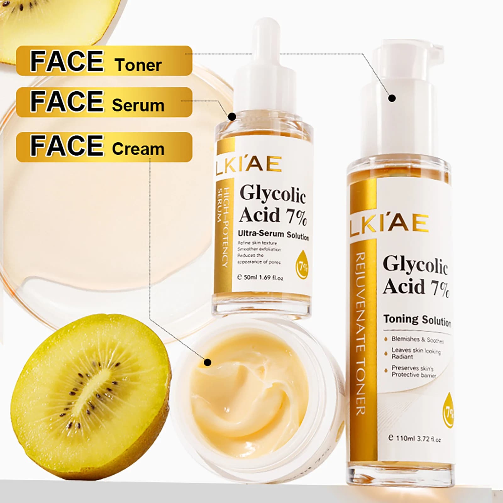 LKIAE Set for skin care brightening with glycolic acid, reduces dark spots, unlock pores, clean skin, whitening kit for all skin types