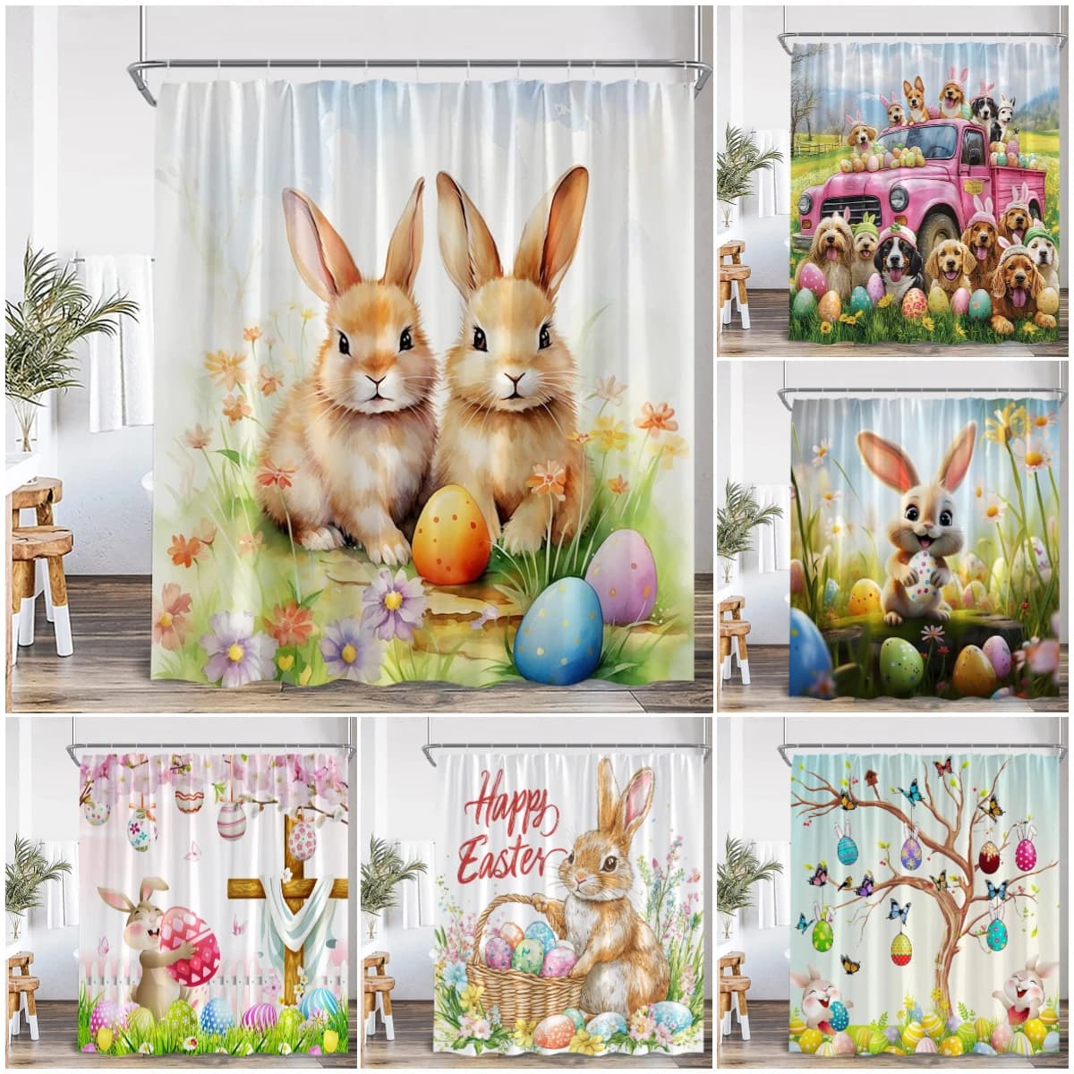 Divertenti tende da doccia pasquali simpatico coniglietto rosa camion da fattoria cani acquerello floreale uova di coniglio decorazione per tende da bagno con ganci