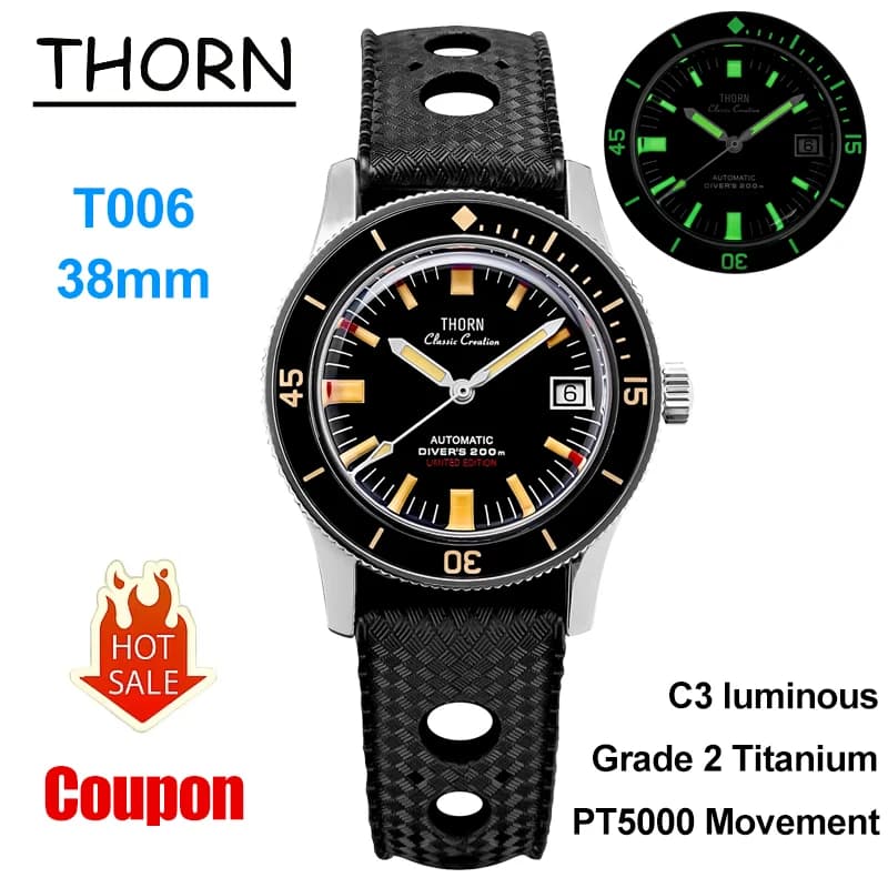 Thorn T006 Mechanical Watch 50-Fathoms Grade 2 Titanium Sapphire Luxury Watch PT5000 Movement 200m Waterproof Men Diver Watch