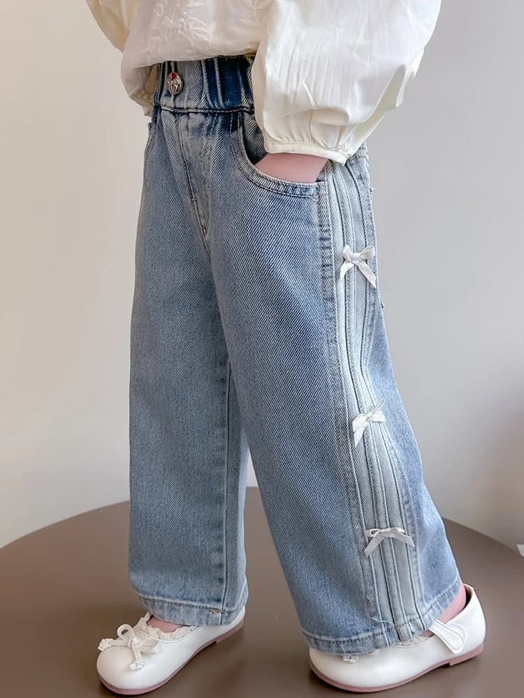 Jeans a gamba larga con nodo per bambine, stile coreano alla moda, a vita alta, lunghi, in denim azzurro, per primavera e autunno