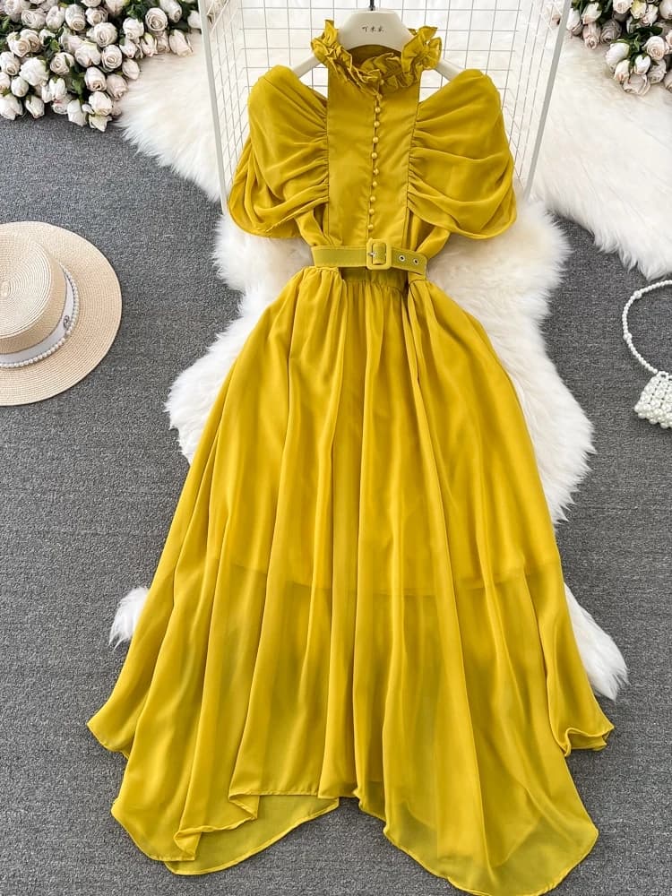 Ele A-Line Chiffon Dr with oulder Bared Stand Collar Pleated Slimming Waist Long Skirt Commute Sle ort Sve
