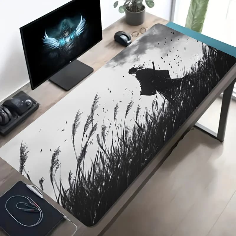 Tappetino per mouse da gioco oversize Windbreaker Swordsman Silhouette, tappetino da scrivania in gomma antiscivolo, accessorio per computer