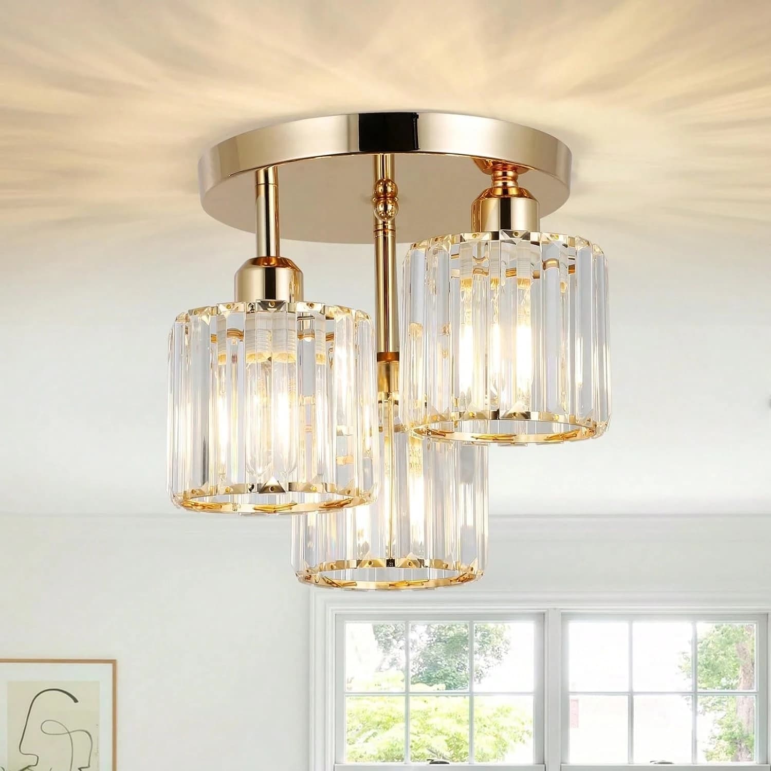 Plafoniera moderna a 3 luci, lampada da soffitto in vetro cristallo dorato, vicino al soffitto, per cucina, corridoio, camera da letto
