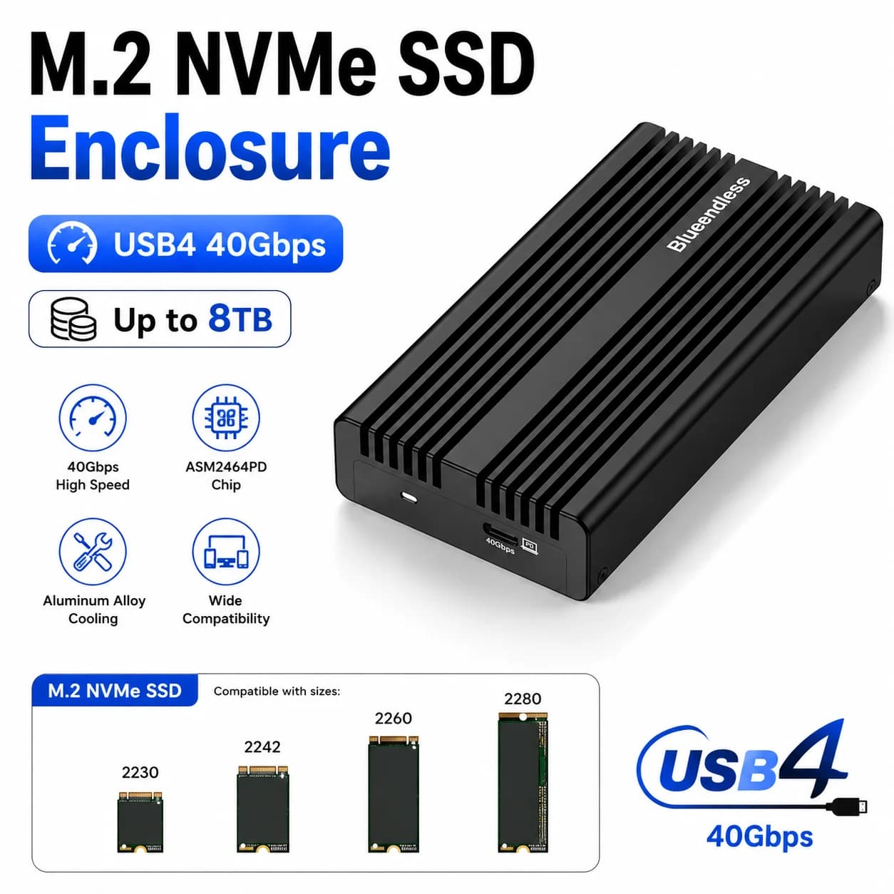 Box esterno USB4 40Gbps Type-C in lega di alluminio per SSD M.2 NVMe, compatibile con SSD 2230 2242 2260 2280