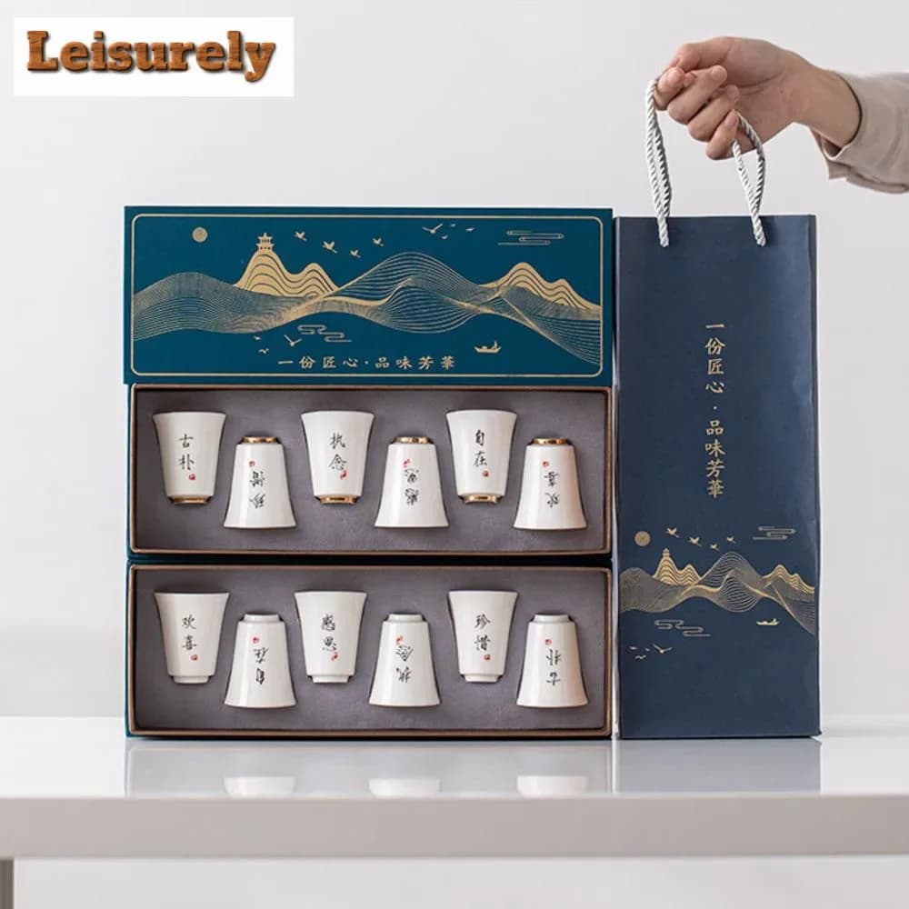 6pc/set Sheep Jade White Porcelain Teacup Hanmade Calligraphy Master Cup Small Smlling Cup Set of Cups Kung Fu Teaset Gift Box