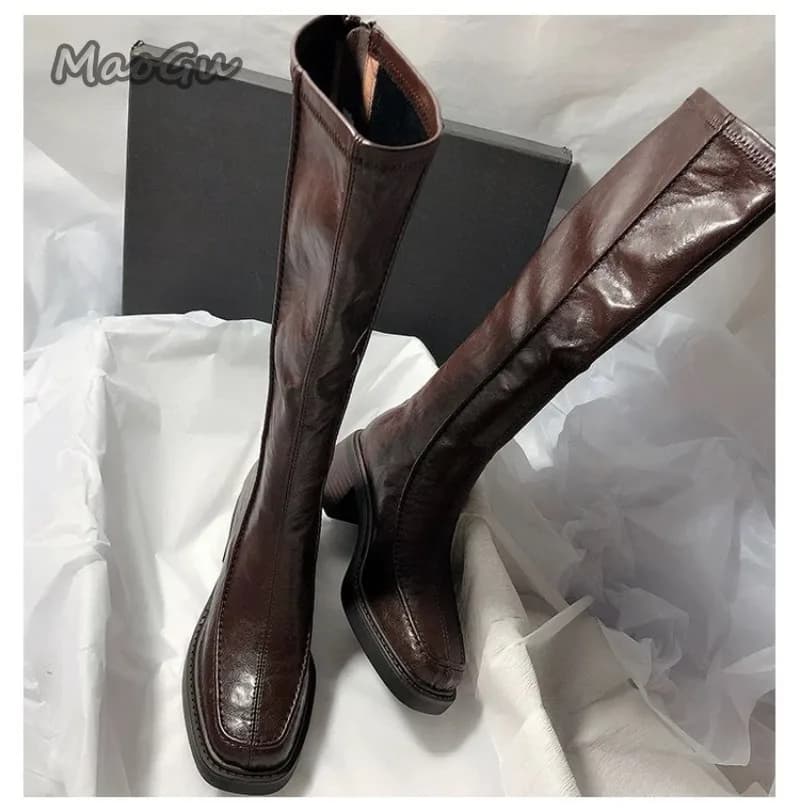 Long stretch boots with big heel and square tip Brown Black Versatile fashionable boots with high heel in soft leather for women Botas