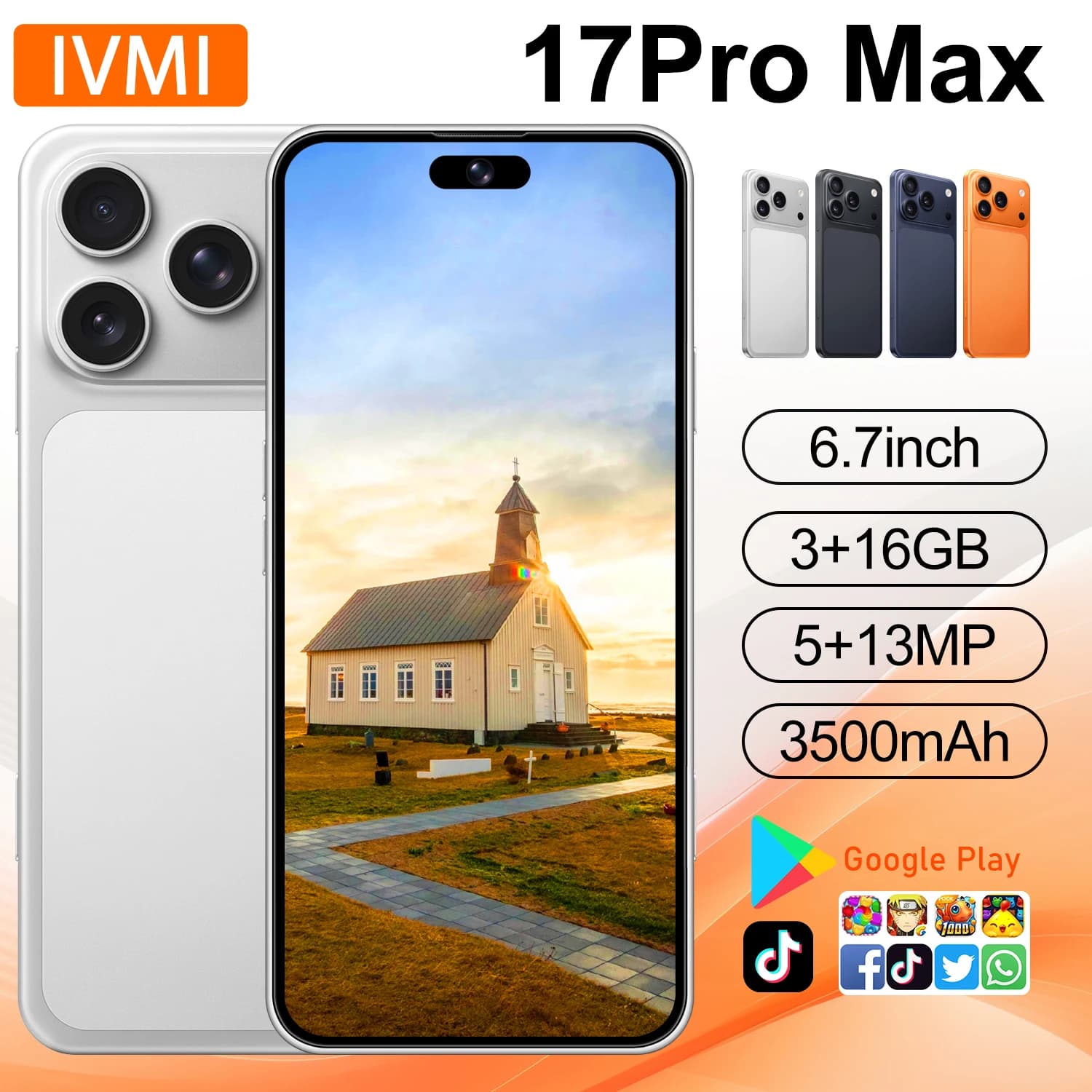 IVMI 17 Pro Max 6.7" Smartphone 3GB+16GB 5MP+13MP Camera Bluetooth Wi-Fi Google Supported Mobile Phone