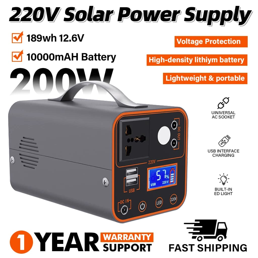 200W 220V portable power station with AC sockets, LED light generator, camping power bank, travel and camper.