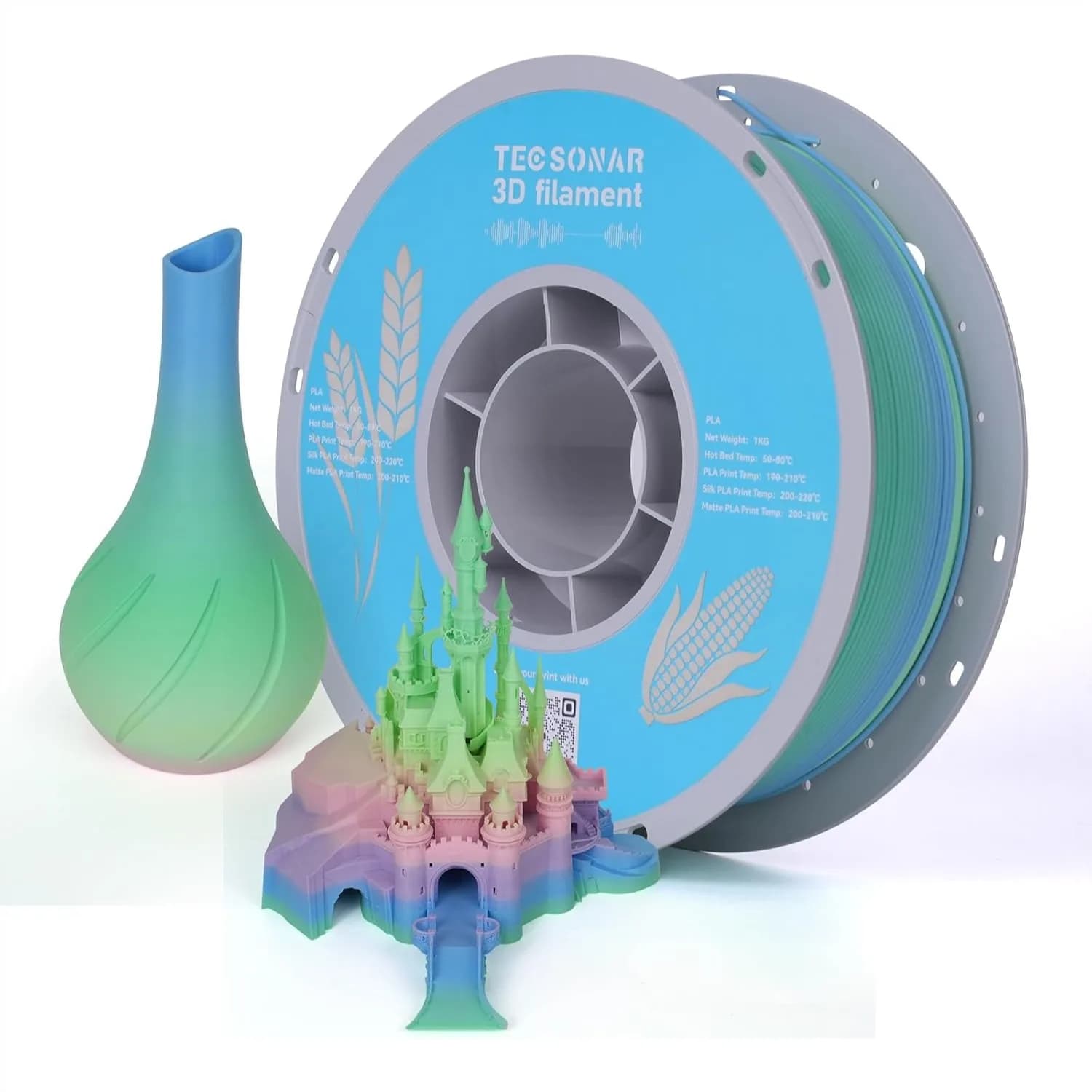 Filamento PLA Opaco Arcobaleno per Stampanti 3D, 1.75mm Cambio Colore Rapido, Bobina da 1KG per Stampanti 3D FDM