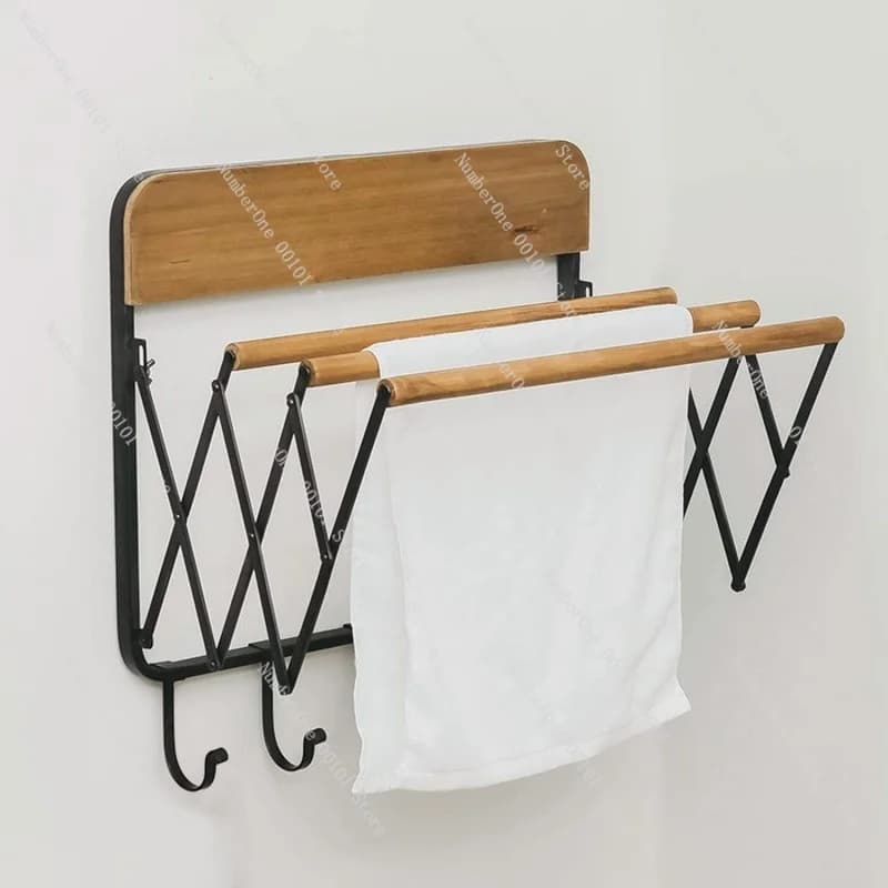 H accordion laundry rack, retractable wall rack, 3 poles and 5 hooks
