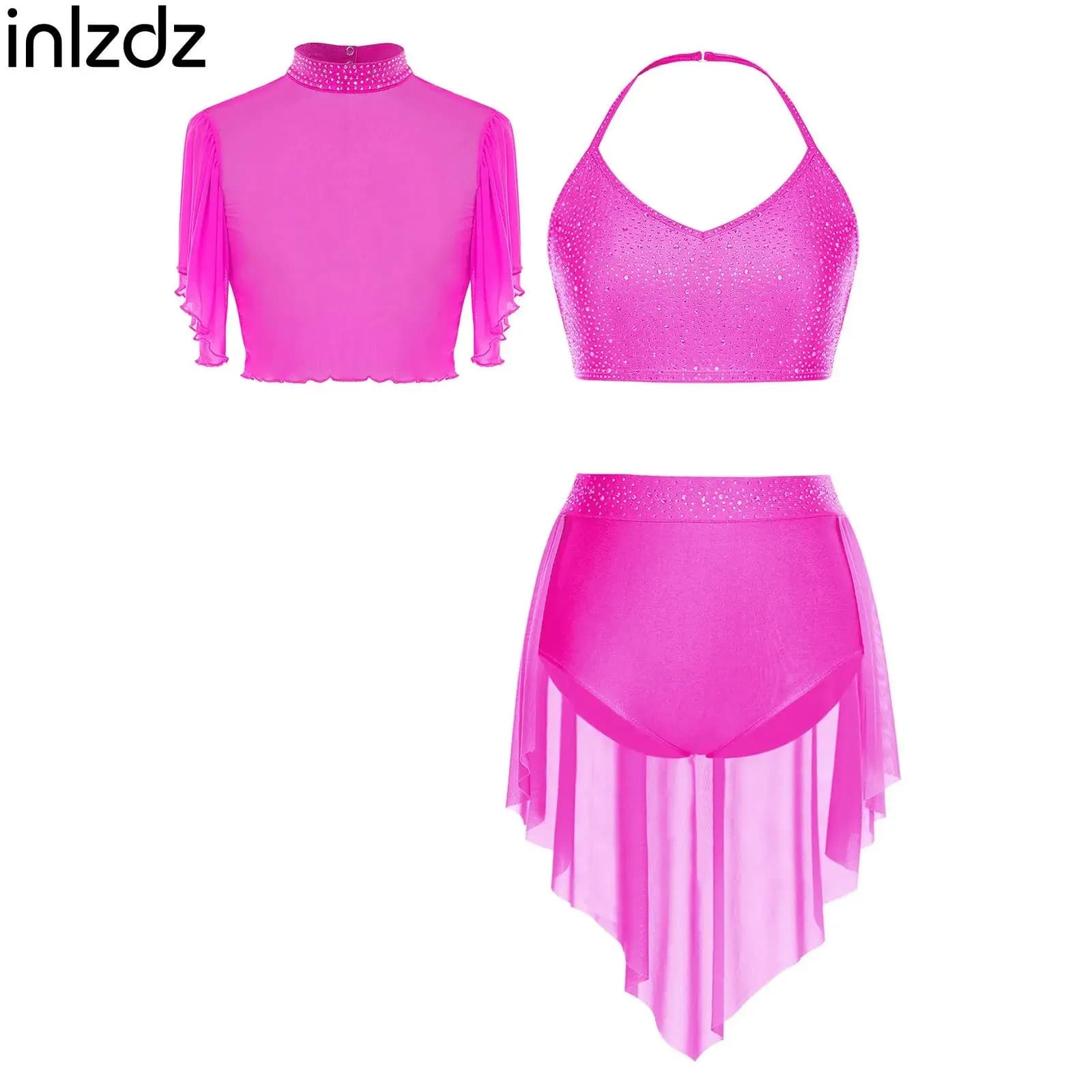 Costume da pattinaggio di figura per danza lirica da donna, canotta senza schienale, top corto + pantaloncini con gonna, set di abbigliamento da ballo per spettacoli di lezioni di danza