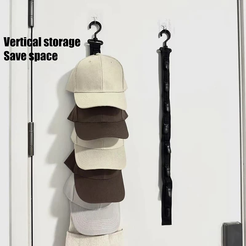 Organizzatore per Cappelli in PP e Nylon, 63,5 cm, 8 Clip, Corda Appendibile Salvaspazio per Cappellini da Baseball, Accessori per Armadio e Camera da Letto