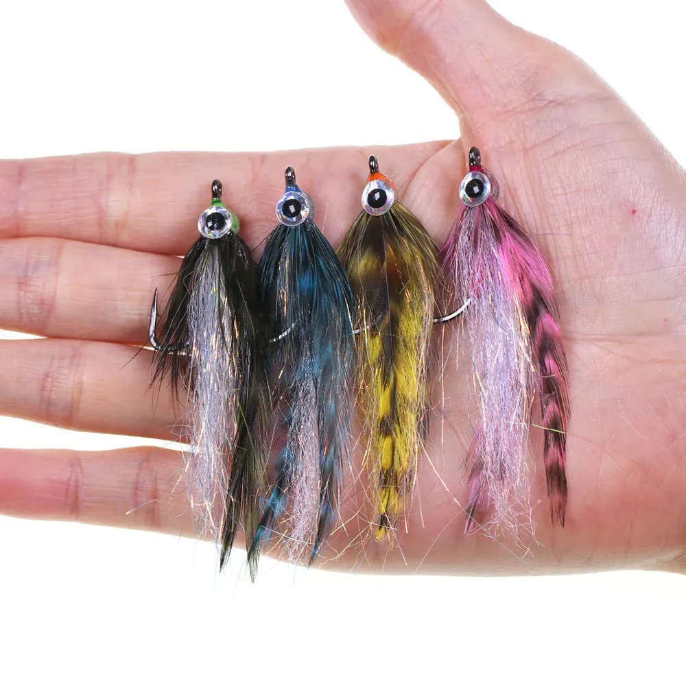 2/4 pezzi # 1 Esca Artificiale 3D a Forma di Pesce con Occhi in Resina Epossidica, Streamer con Hackle Grizzly Saddle, Minnow Fly per Luccio, Trota, Spigola, Steelhead, Esche da Pesca in Mare
